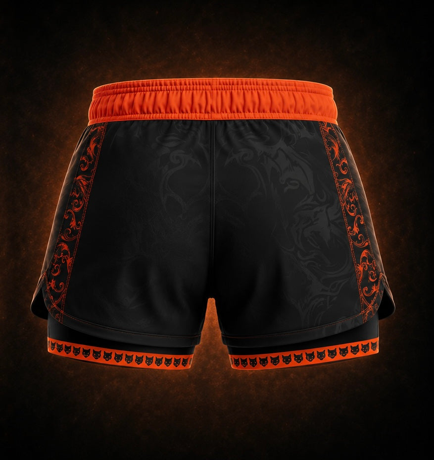 Black & neon orange dual layer women’s shorts