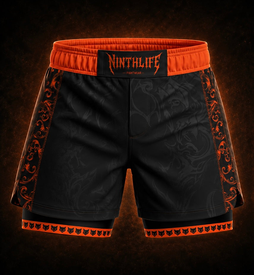 Black & neon orange men’s dual shorts