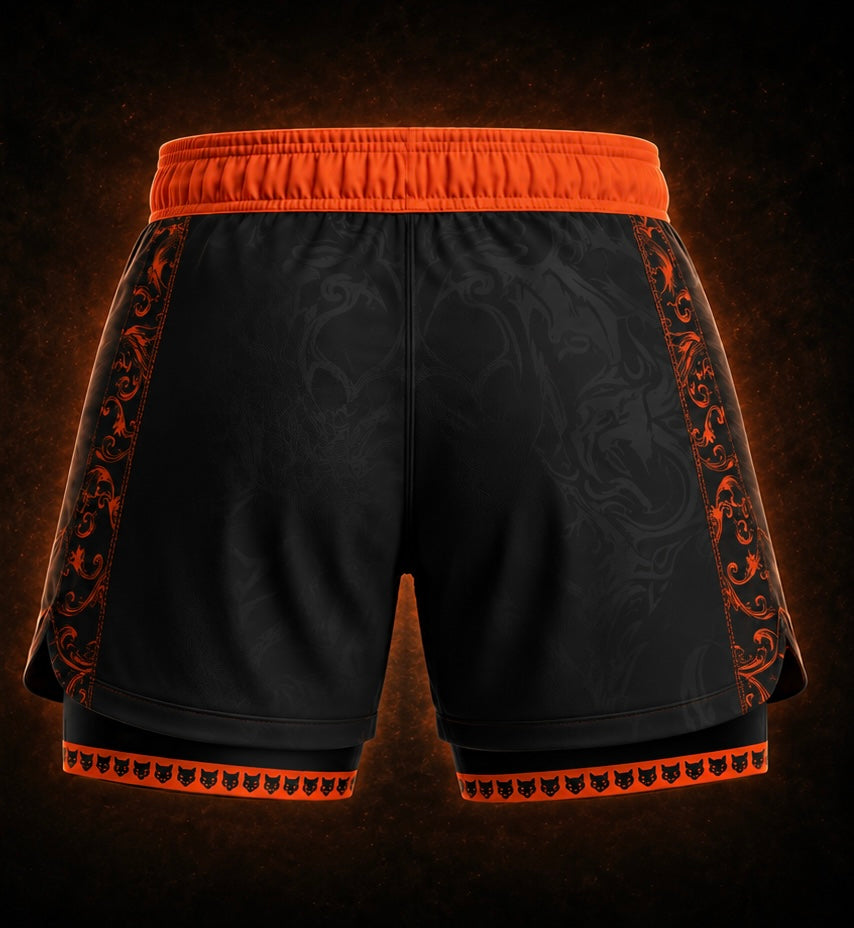 Black & neon orange men’s dual shorts