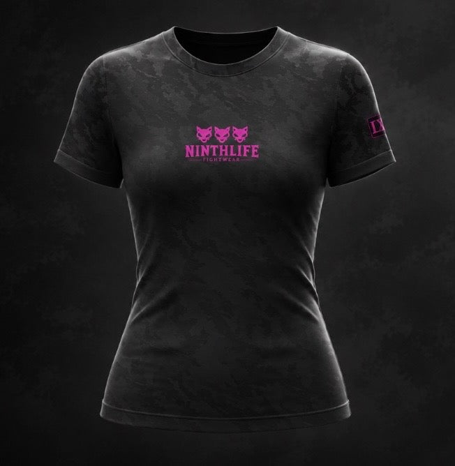 Charcoal camo and neon pink women’s rashguard